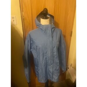LL Bean Womens Light Blue Hooded Rain Jacket Size L Waterproof Casual Outdoor